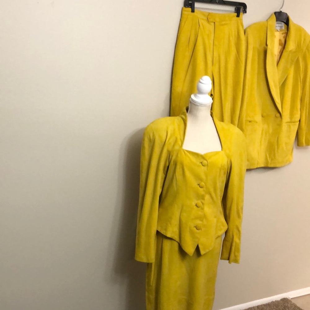 4-pc mustard Yellow Suede skirt/pants suit w/peplum & business jackets